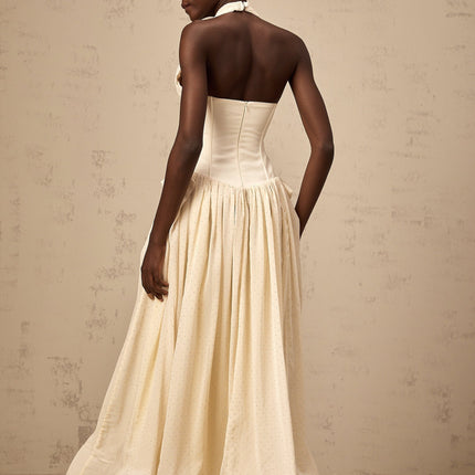 Delaney Vanilla Cream Halterneck Stud Embellished Pleated Midi Dress