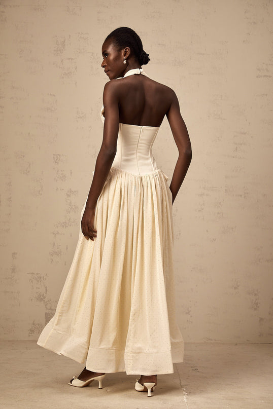Delaney Vanilla Cream Halterneck Stud Embellished Pleated Midi Dress
