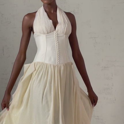 Delaney Vanilla Cream Halterneck Stud Embellished Pleated Midi Dress