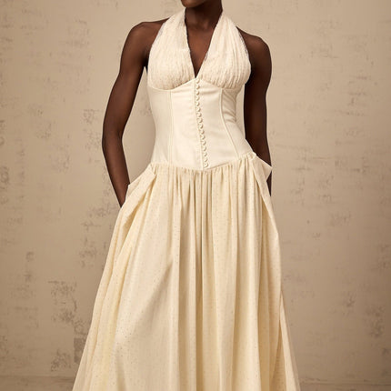 Delaney Vanilla Cream Halterneck Midi Dress with Stud Embellishments and Pleats