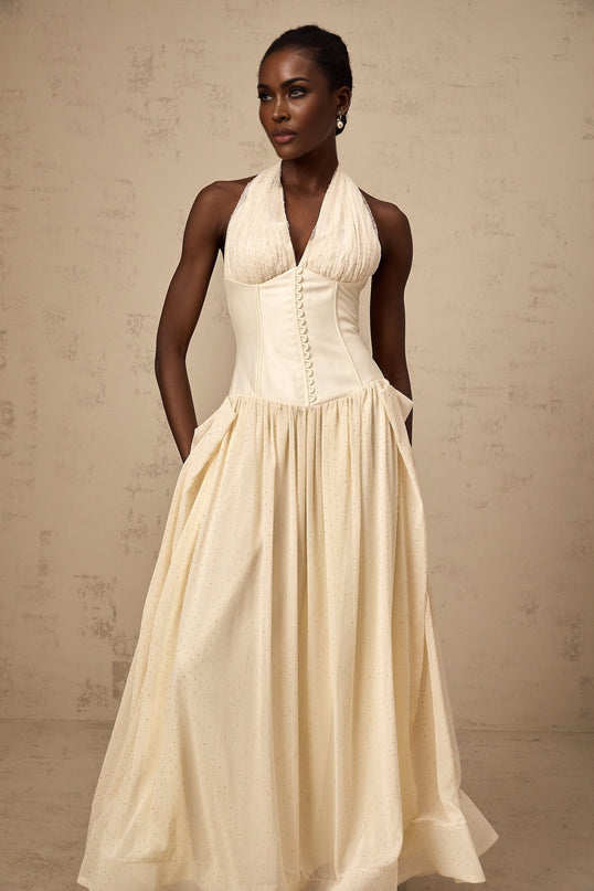 Delaney Vanilla Cream Halterneck Midi Dress with Stud Embellishments and Pleats