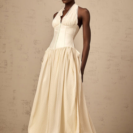 Delaney Vanilla Cream Halterneck Midi Dress with Stud Embellishments and Pleats
