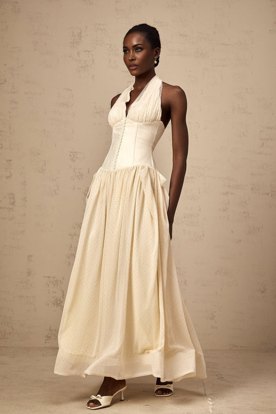 Delaney Vanilla Cream Halterneck Midi Dress with Stud Embellishments and Pleats