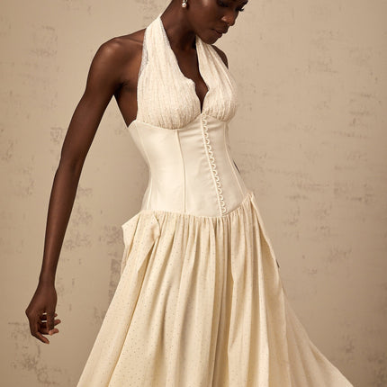 Delaney Vanilla Cream Halterneck Stud Embellished Midi Dress