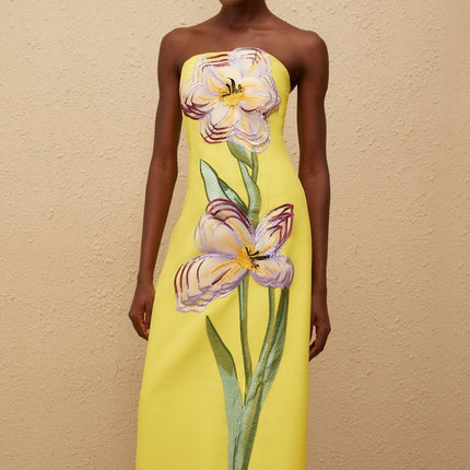 Delaney Yellow Floral Embroidered Sequin Midi Dress