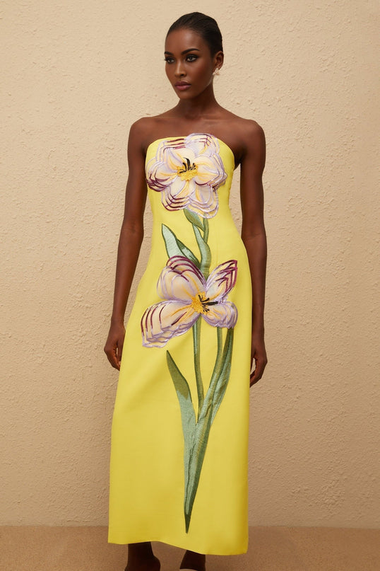 Delaney Yellow Floral Embroidered Sequin Midi Dress