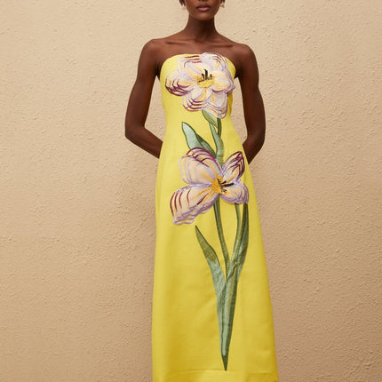 Delaney Yellow Floral Embroidered Sequin Midi Dress