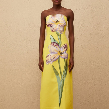 Delaney Yellow Floral Sequin Embroidered Midi Dress