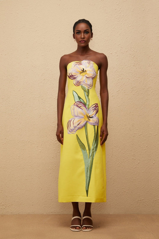 Delaney Yellow Floral Sequin Embroidered Midi Dress