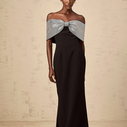 Delia Black and Silver Maxi Dress with Rhinestone Bow Detail