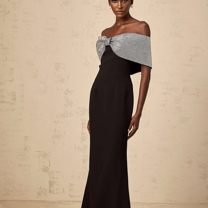 Delia Black and Silver Off-the-Shoulder Rhinestone Bow Maxi Dress