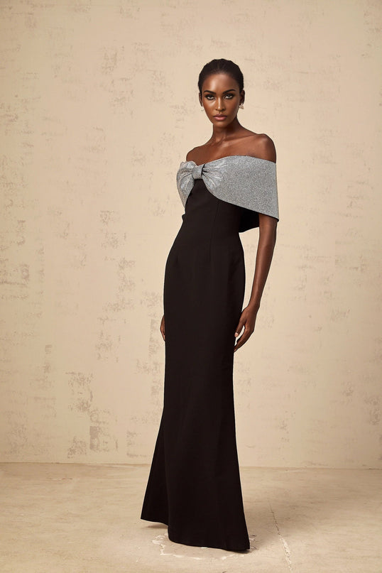 Delia Black and Silver Off-the-Shoulder Rhinestone Bow Maxi Dress