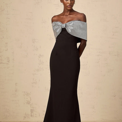 Delia Black and Silver Maxi Dress with Rhinestone Bow Detail