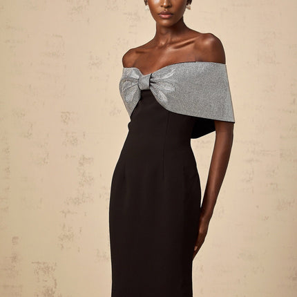 Delia Black Silver Rhinestone Bow Off-Shoulder Maxi Dress