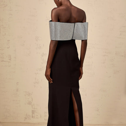 Delia Black Silver Rhinestone Bow Off-Shoulder Maxi Dress