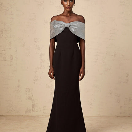 Delia Black and Silver Maxi Dress with Rhinestone Bow Detail