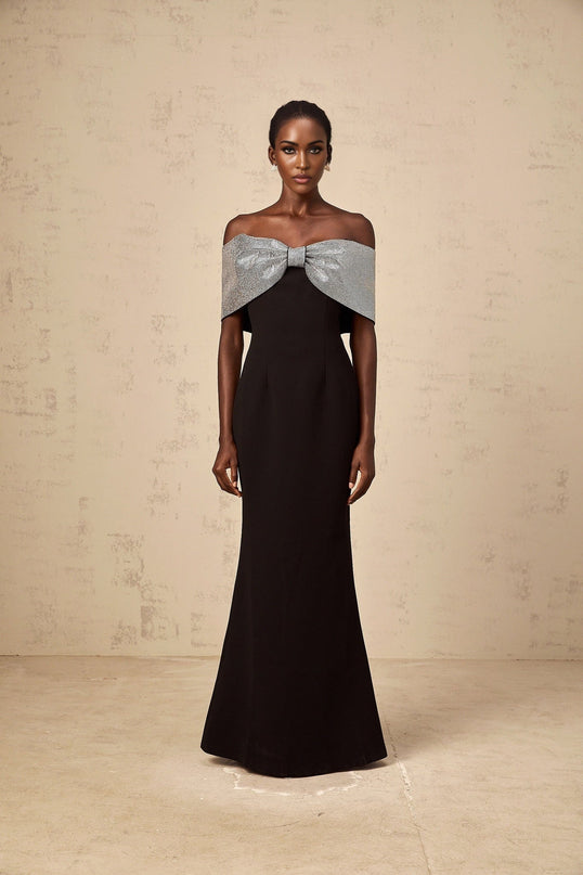 Delia Black and Silver Maxi Dress with Rhinestone Bow Detail