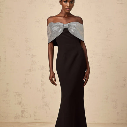 Delia Black and Silver Maxi Dress with Rhinestone Bow Detail