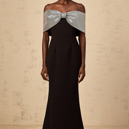 Delia Black and Silver Off-the-Shoulder Rhinestone Bow Maxi Dress