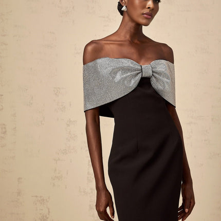 Delia Black and Silver Off-the-Shoulder Maxi Dress with Rhinestone Bow Detail