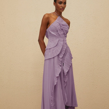 Delia Midi Dress in Regal Purple with Halterneck and Ruffled Trim