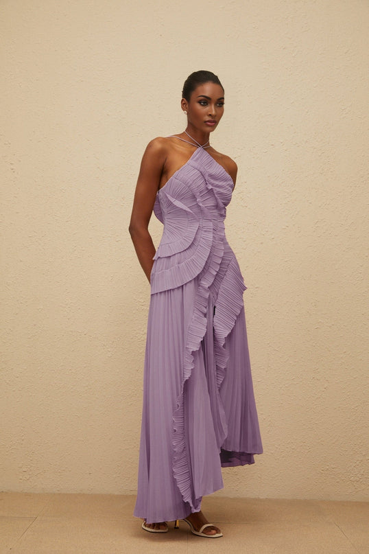 Delia Midi Dress in Regal Purple with Halterneck and Ruffled Trim