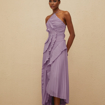 Delia Midi Dress in Regal Purple with Halterneck and Asymmetrical Design