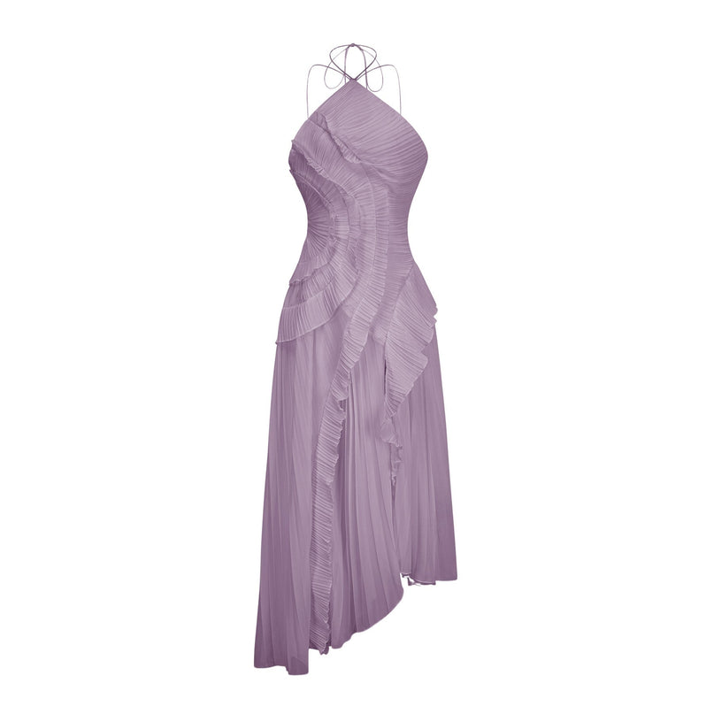 Delia Midi Dress in Regal Purple with Halterneck and Asymmetrical Design