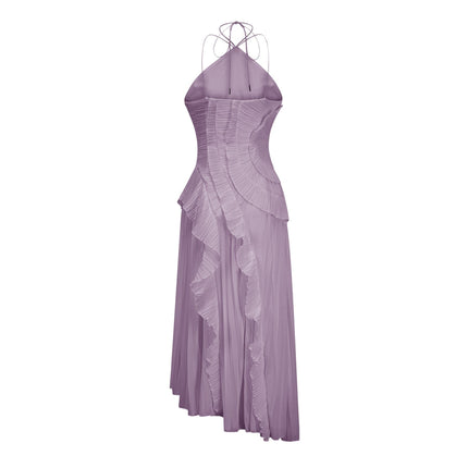 Delia Midi Dress in Regal Purple with Halterneck and Asymmetrical Design