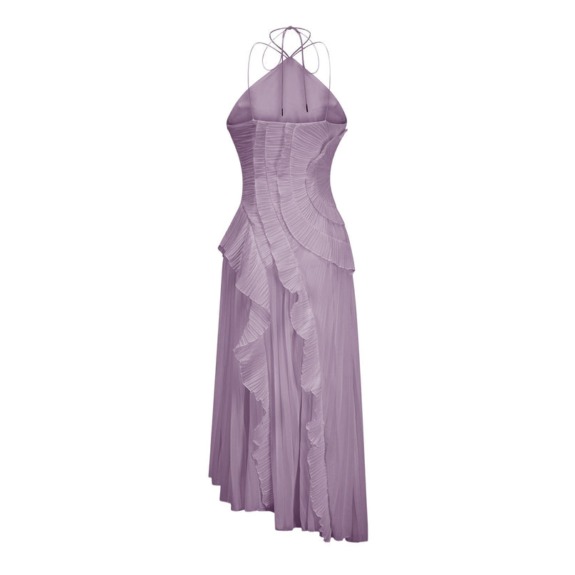 Delia Midi Dress in Regal Purple with Halterneck and Asymmetrical Design