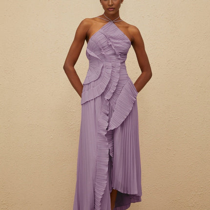 Delia Midi Dress in Regal Purple with Halterneck and Asymmetrical Design