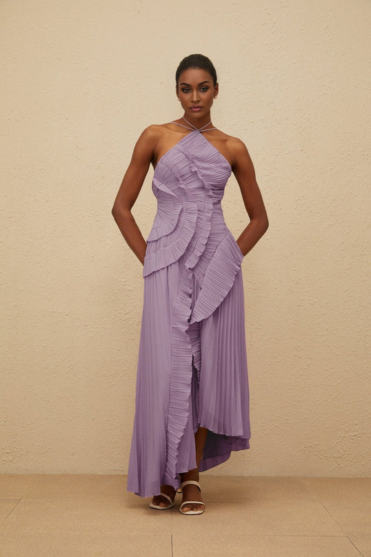 Delia Midi Dress in Regal Purple with Halterneck and Asymmetrical Design