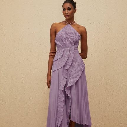 Delia Midi Dress in Regal Purple with Halterneck and Asymmetrical Design