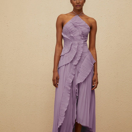 Delia Midi Dress in Regal Purple with Halterneck and Asymmetrical Design