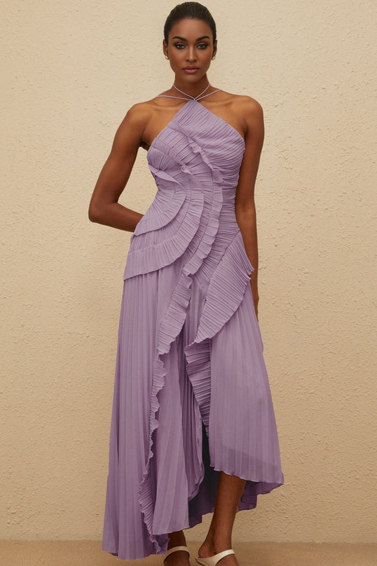 Delia Purple Halterneck Asymmetrical Midi Dress with Ruffled Trim Front Slit and Pleated Detailing in Terylene Fiber