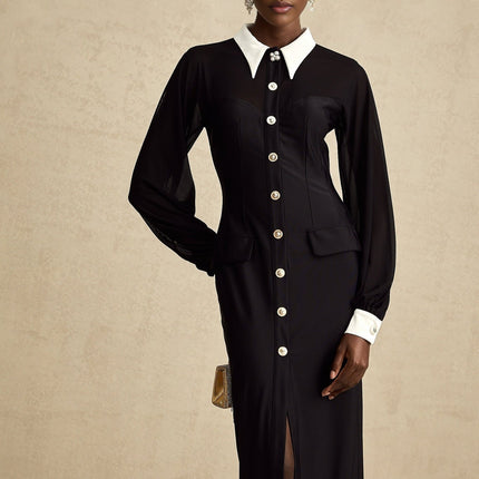 Delilah Black and White Maxi Dress with Puffy Sleeves and Gold-tone Buttons