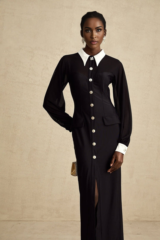 Delilah Black and White Maxi Dress with Puffy Sleeves and Gold-tone Buttons