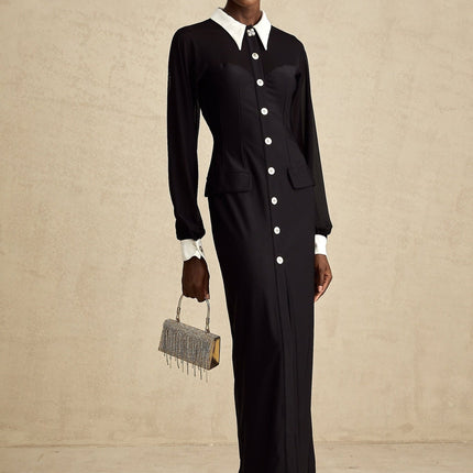 Delilah Black and White Maxi Dress with Gold-tone Buttons and Front Flap Pockets