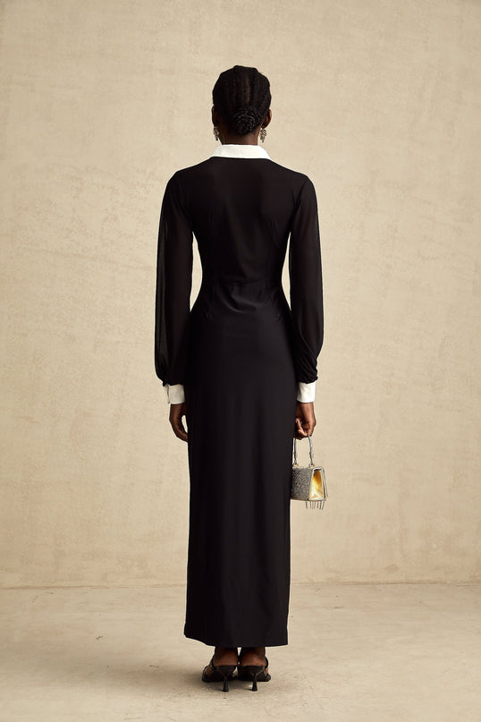 Delilah Black and White Maxi Dress with Gold-tone Buttons and Pockets