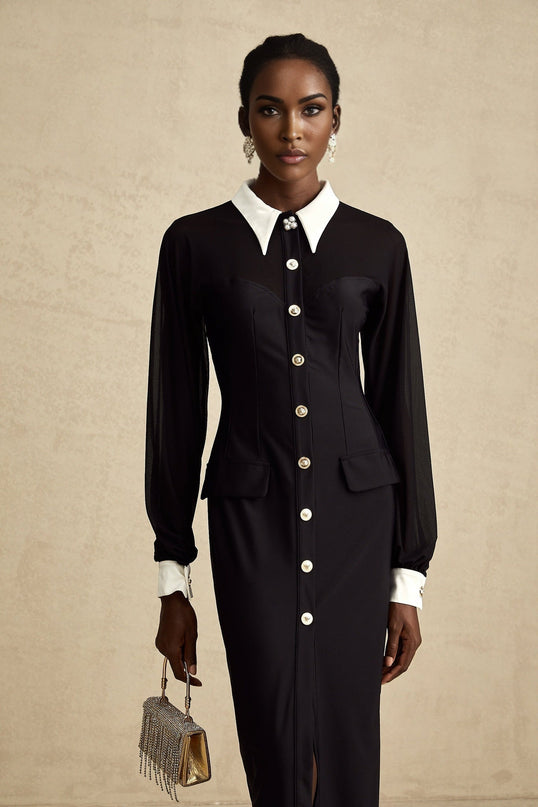 Delilah Black and White Maxi Dress with Gold-tone Buttons and Front Flap Pockets