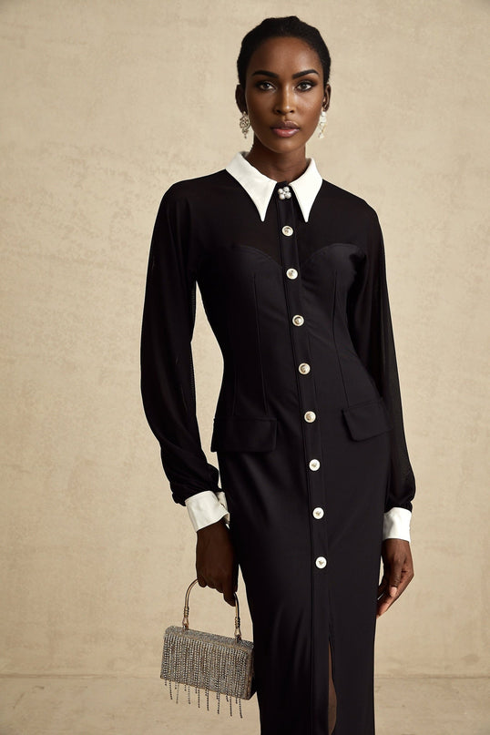 Delilah Black and White Maxi Dress with Gold-tone Buttons and Pockets