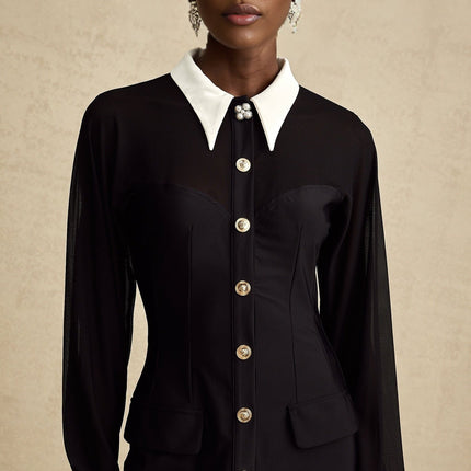 Delilah Black and White Maxi Dress with Gold-Tone Buttons and Semi-Sheer Fabric