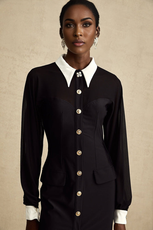 Delilah Black and White Maxi Dress with Gold-Tone Buttons and Semi-Sheer Fabric