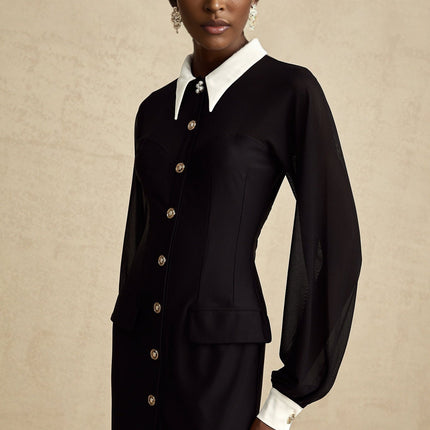 Delilah Black and White Maxi Dress with Gold-tone Buttons and Puffy Sleeves