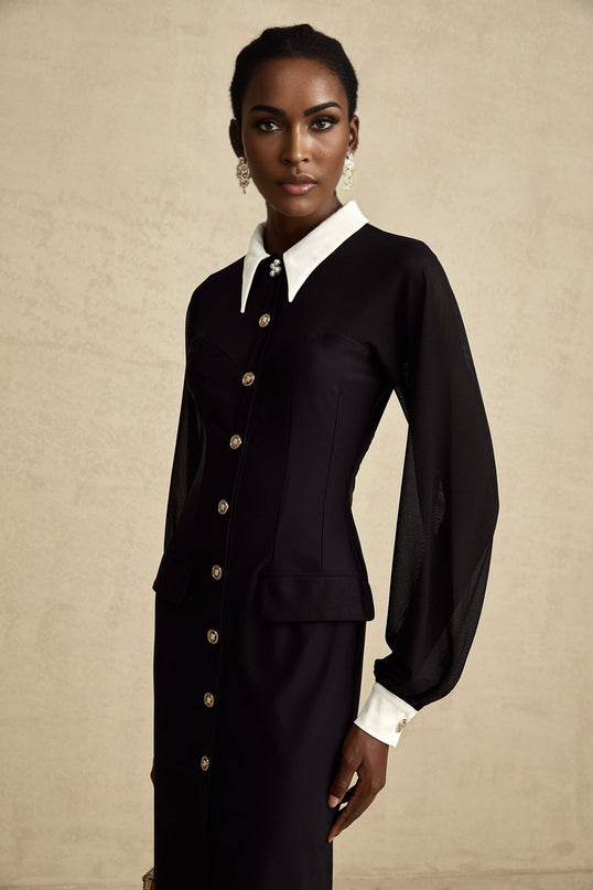 Delilah Black and White Maxi Dress with Gold-tone Buttons and Puffy Sleeves