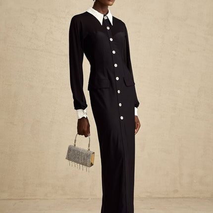 Delilah Black and White Maxi Dress with Gold Buttons and Pockets