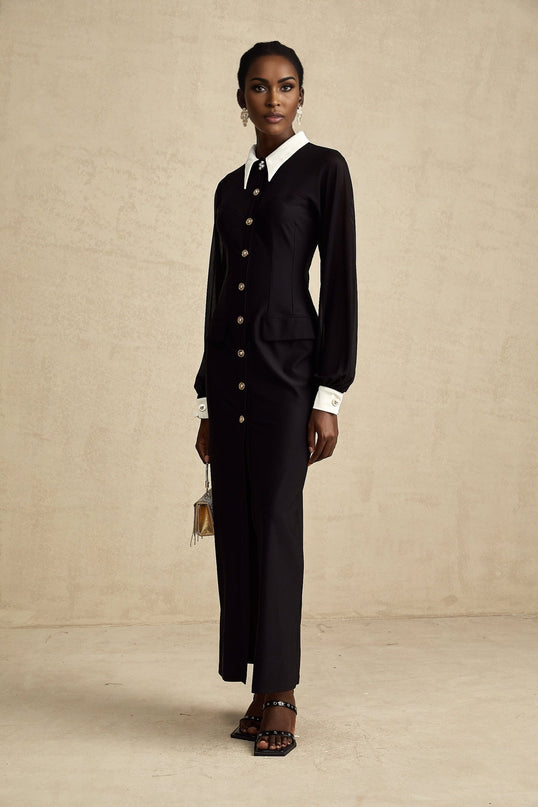 Delilah Black and White Maxi Dress with Gold-tone Buttons and Flap Pockets