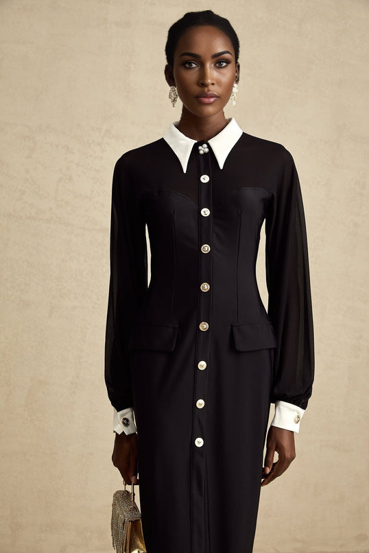 Delilah Black and White Maxi Dress with Gold-tone Buttons and Front Flap Pockets