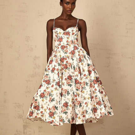 Delilah White Rose Print Midi Dress with Sweetheart Neckline and Boned Bodice