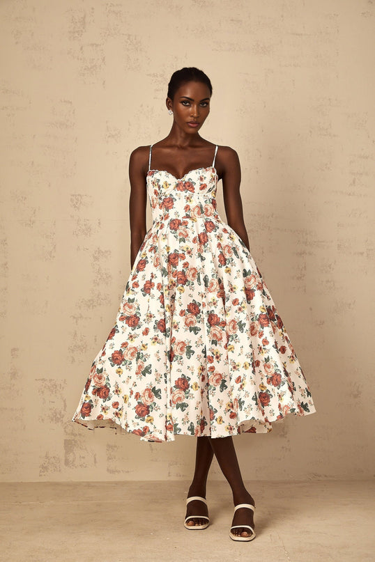 Delilah White Rose Print Midi Dress with Sweetheart Neckline and Boned Bodice